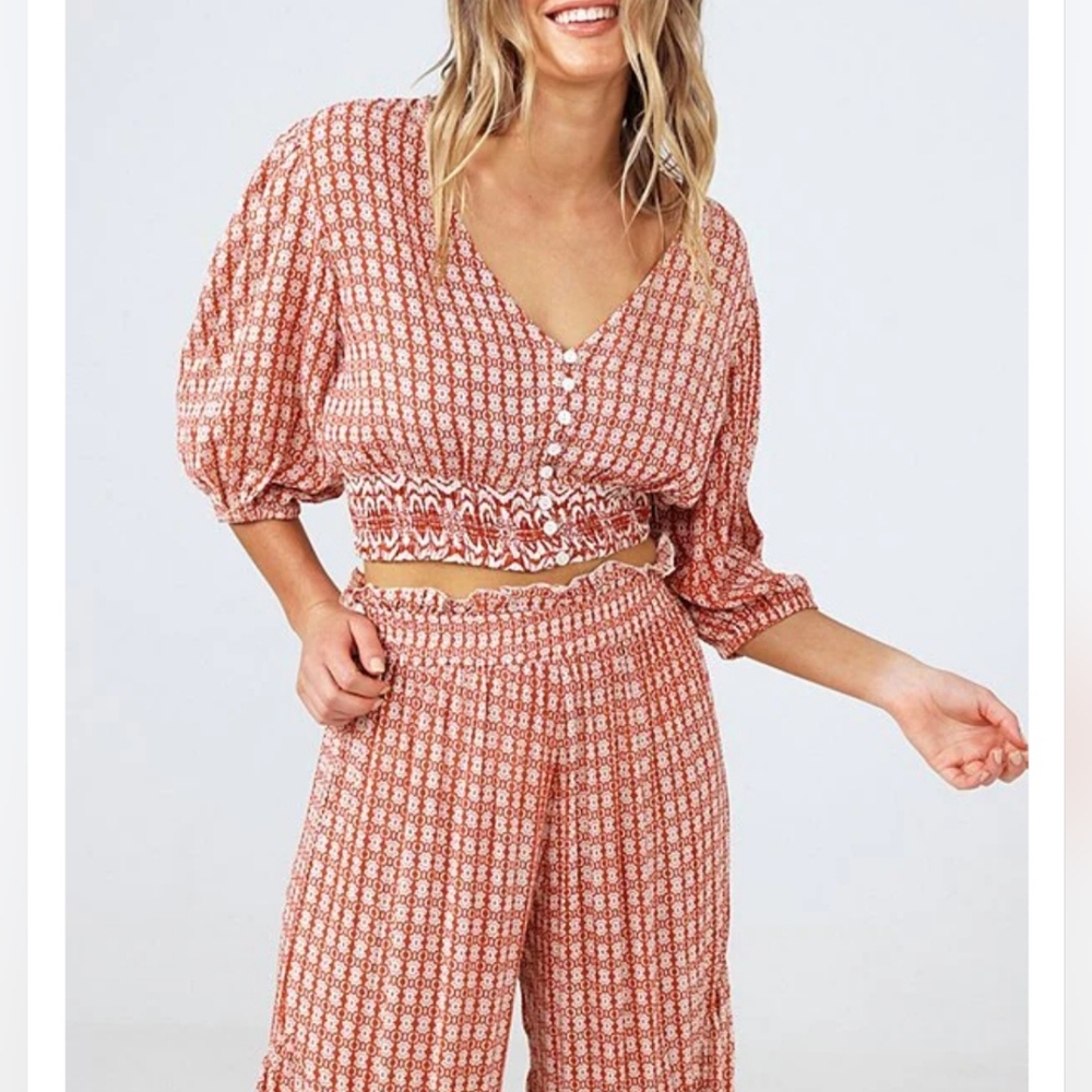 Talisman Crepe Smocked Button Front Balloon Sleeve Coordinating Halo Top
